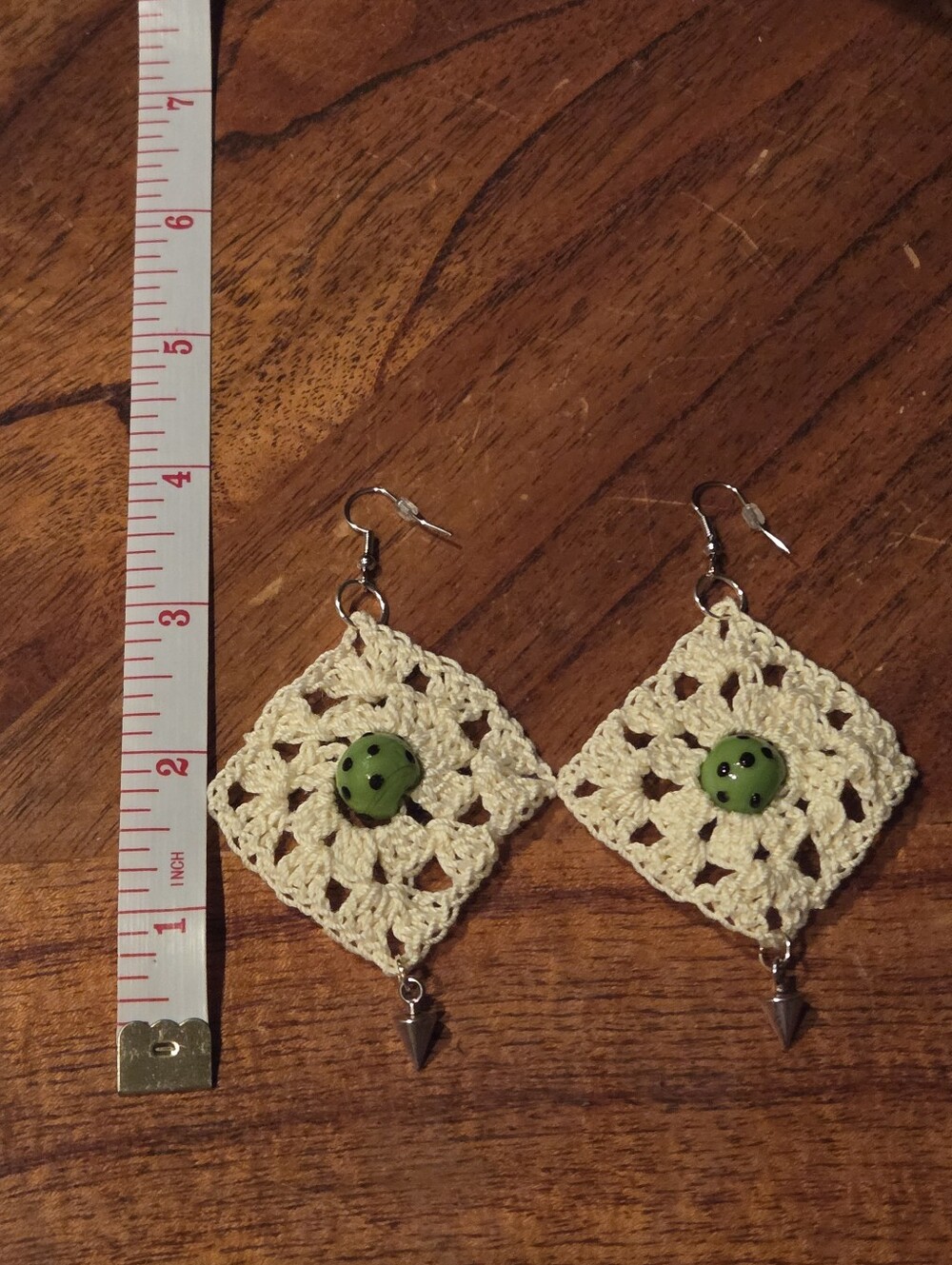 Hand Crafted Cream Crochet Earrings with Green Beads - Picture 3 of 3
